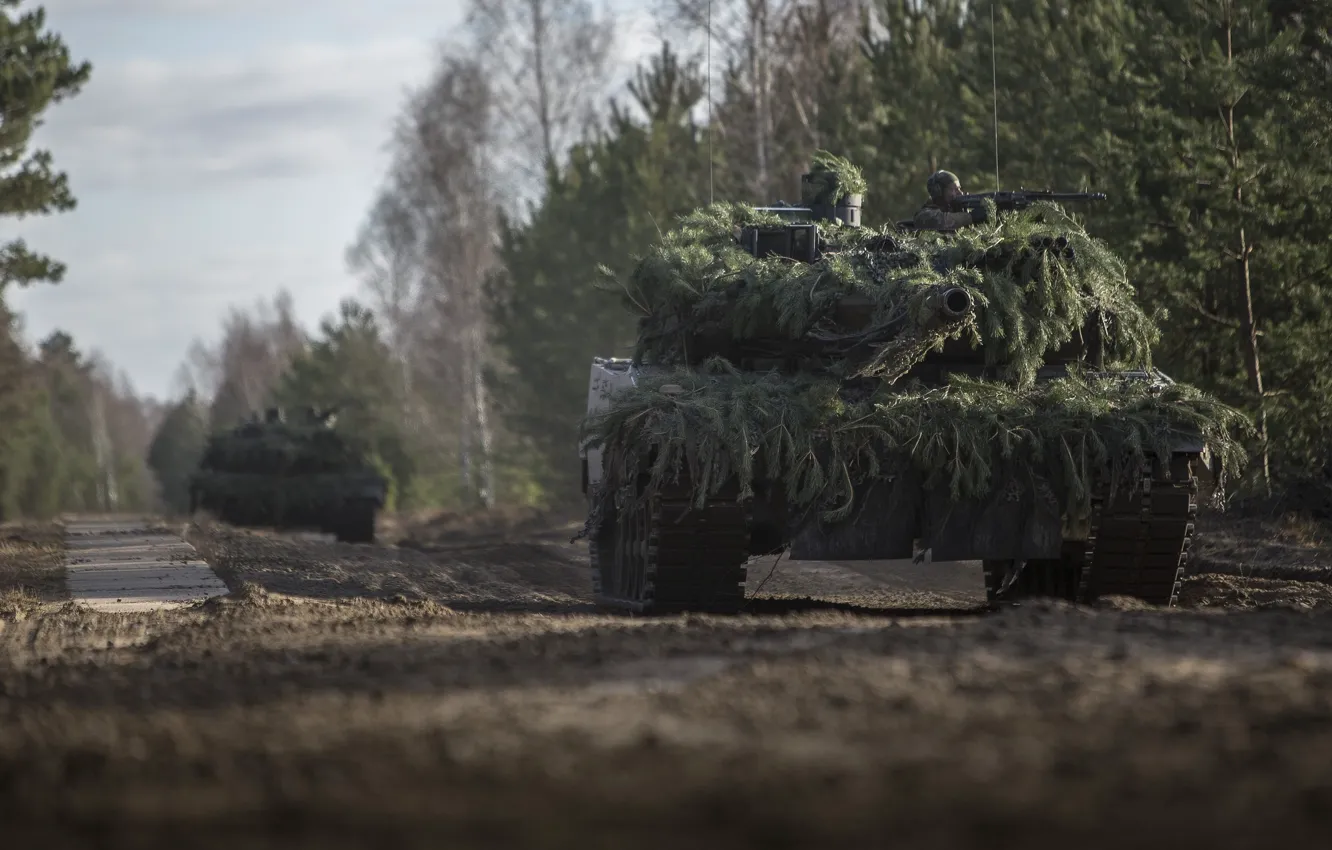 Photo wallpaper forest, soldier, man, Leopard 2A6, tank, machine gun, cannon, German Army