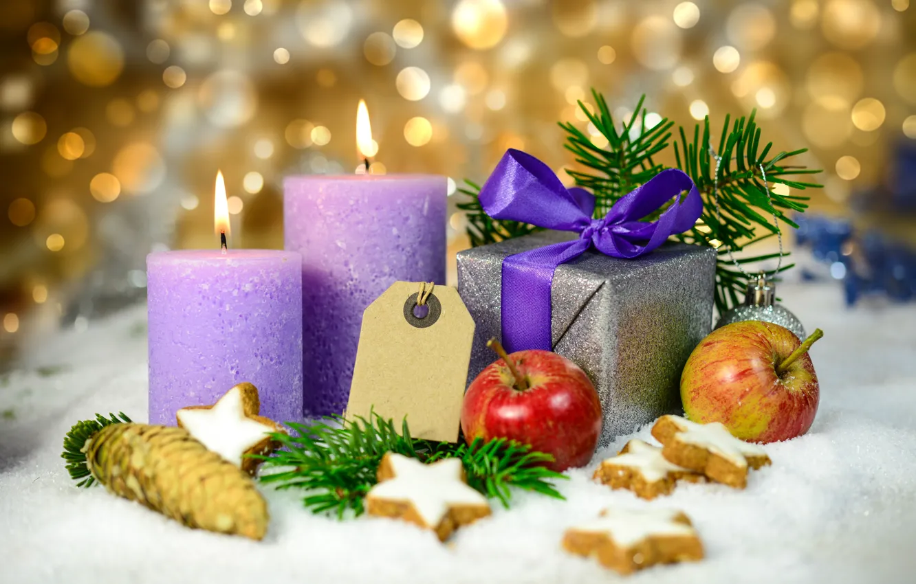 Photo wallpaper snow, branches, lights, glare, background, holiday, gift, apples