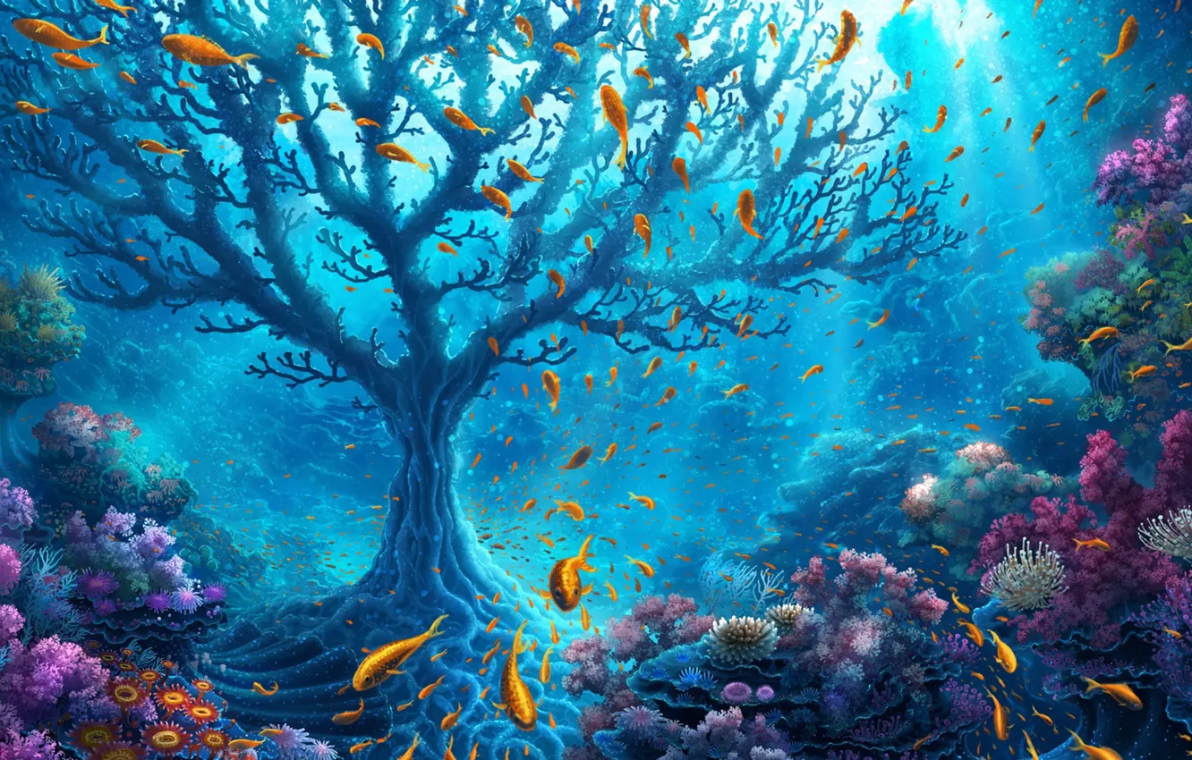 Photo wallpaper colorful, fantasy, sea, ocean, water, flowers, tree, harmony
