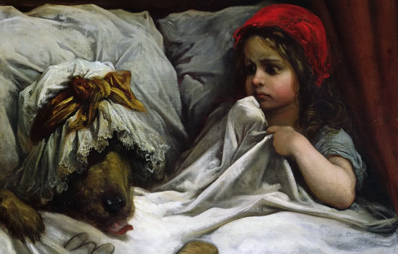 Photo wallpaper wolf, tale, picture, girl, Little Red Riding Hood, Paul Gustave Dore, Gustave Doré
