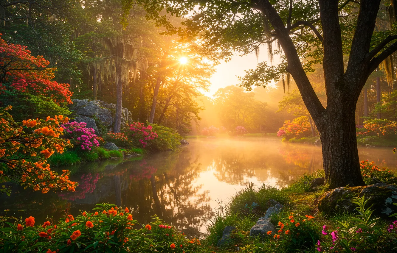 Photo wallpaper summer, trees, flowers, pond, rasvet