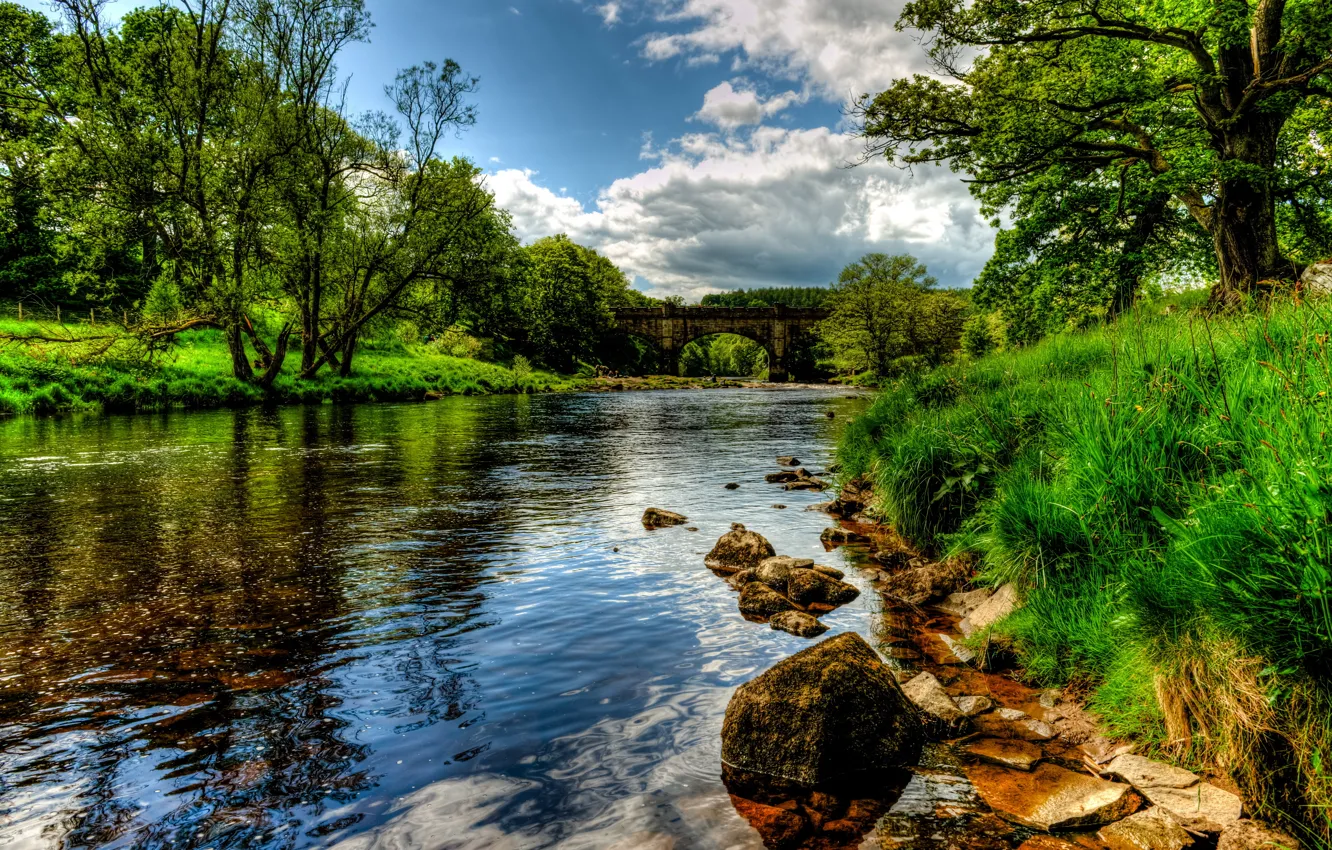 Photo wallpaper grass, landscape, nature, HDR, Bolton, Wharfe, river England