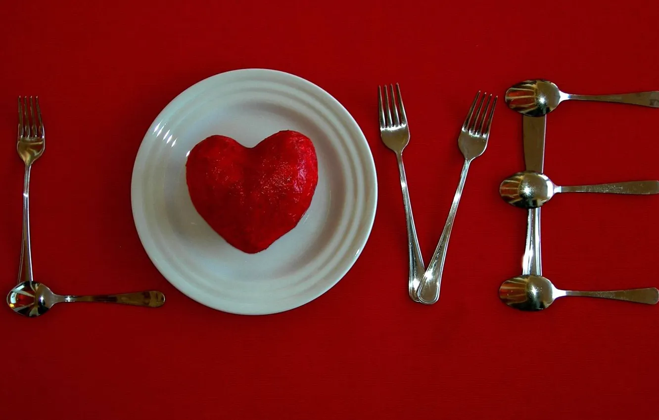 Photo wallpaper heart, plate, fork, spoon