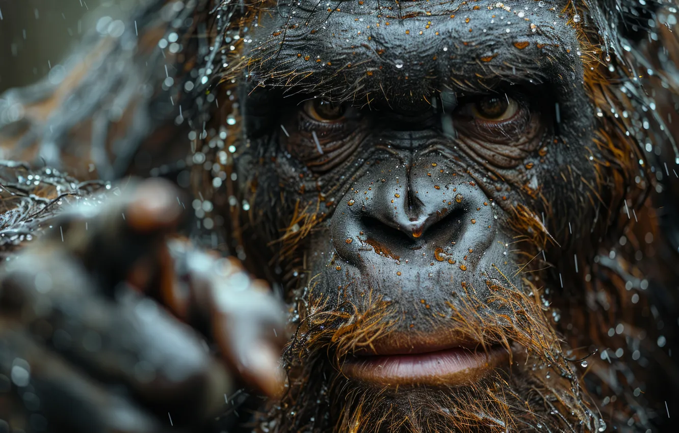 Photo wallpaper eyes, look, face, being, fingers, Yeti, closeup, Bigfoot