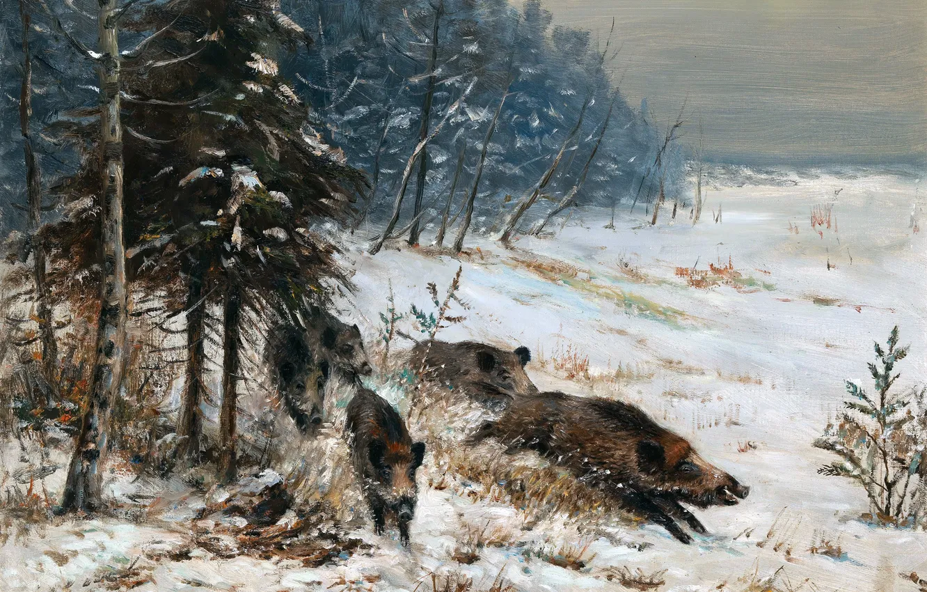 Photo wallpaper winter, snow, trees, picture, running, boar, German artist, Wilhelm Lorenz