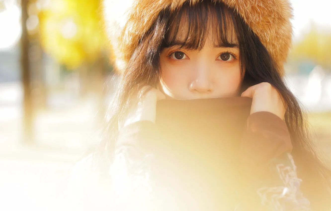 Photo wallpaper hat, woman, beautiful, model, pretty, asian, fur, outdoor
