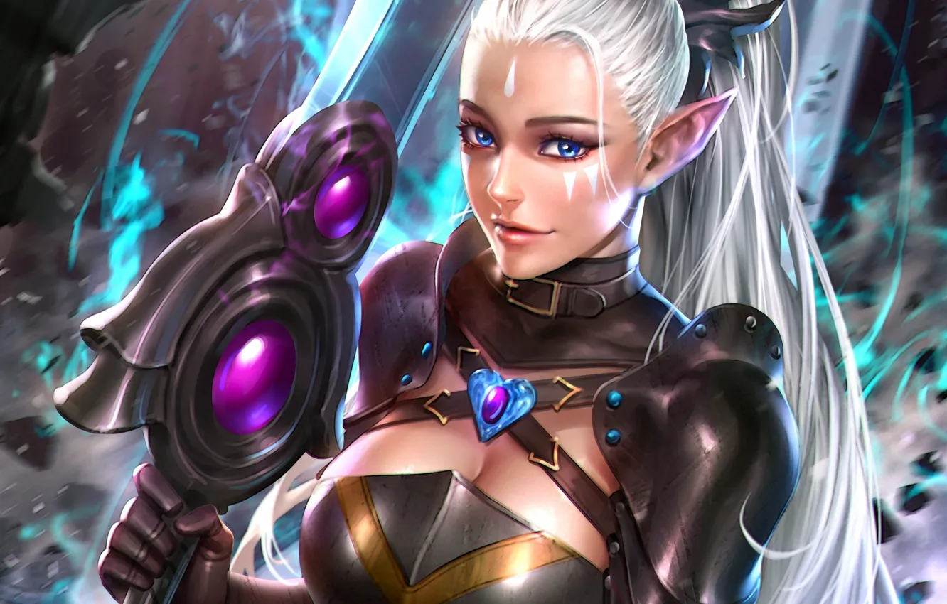 Photo wallpaper chest, look, girl, face, hair, beauty, sword, warrior