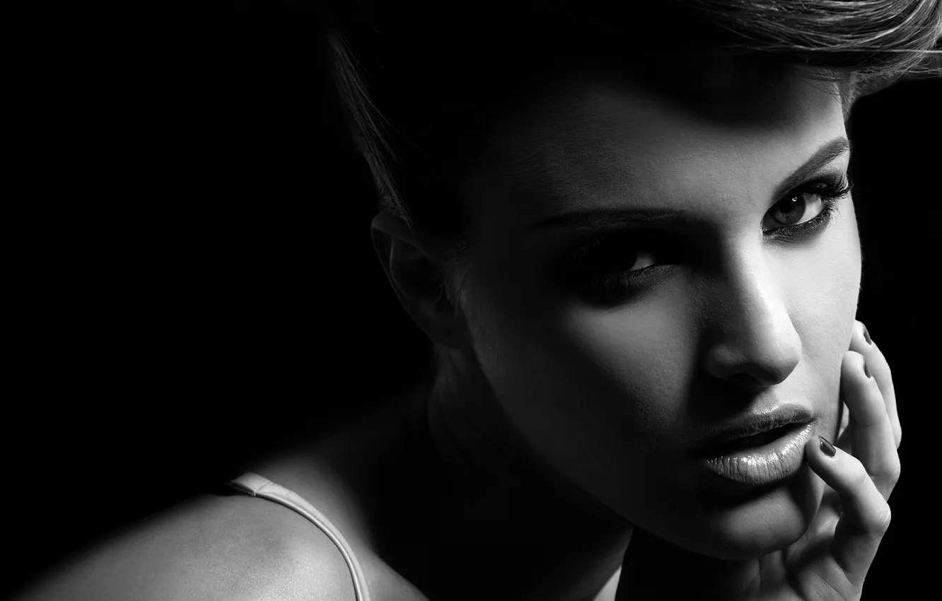 Photo wallpaper look, girl, face, model, black and white, Andie Valentino