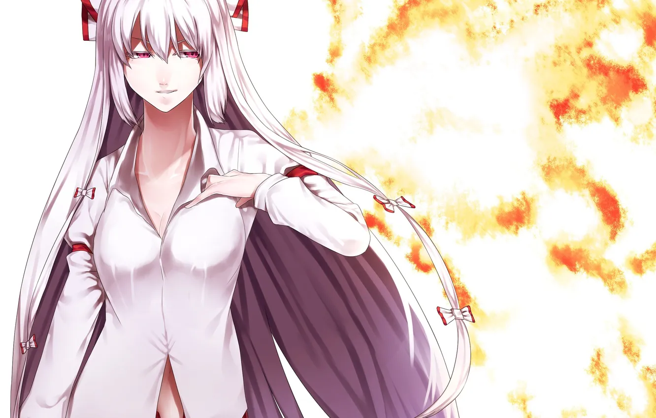 Photo wallpaper look, girl, lights, touhou, grin, art, uu uu zan, Fujiwara no Mokou