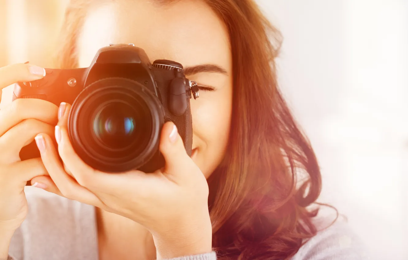 Photo wallpaper girl, the camera, lens, brown hair