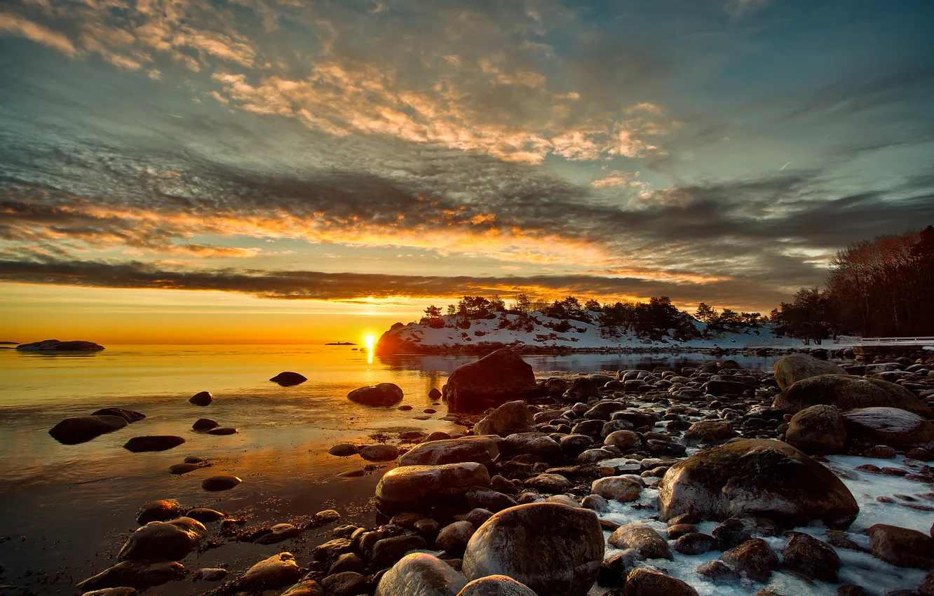 Photo wallpaper the sky, the sun, sunset, stones, shore, Bay