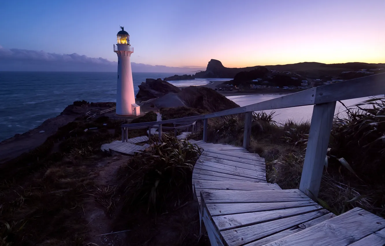 Photo wallpaper night, shore, lighthouse, New Zealand, Wellington, Castlepoint