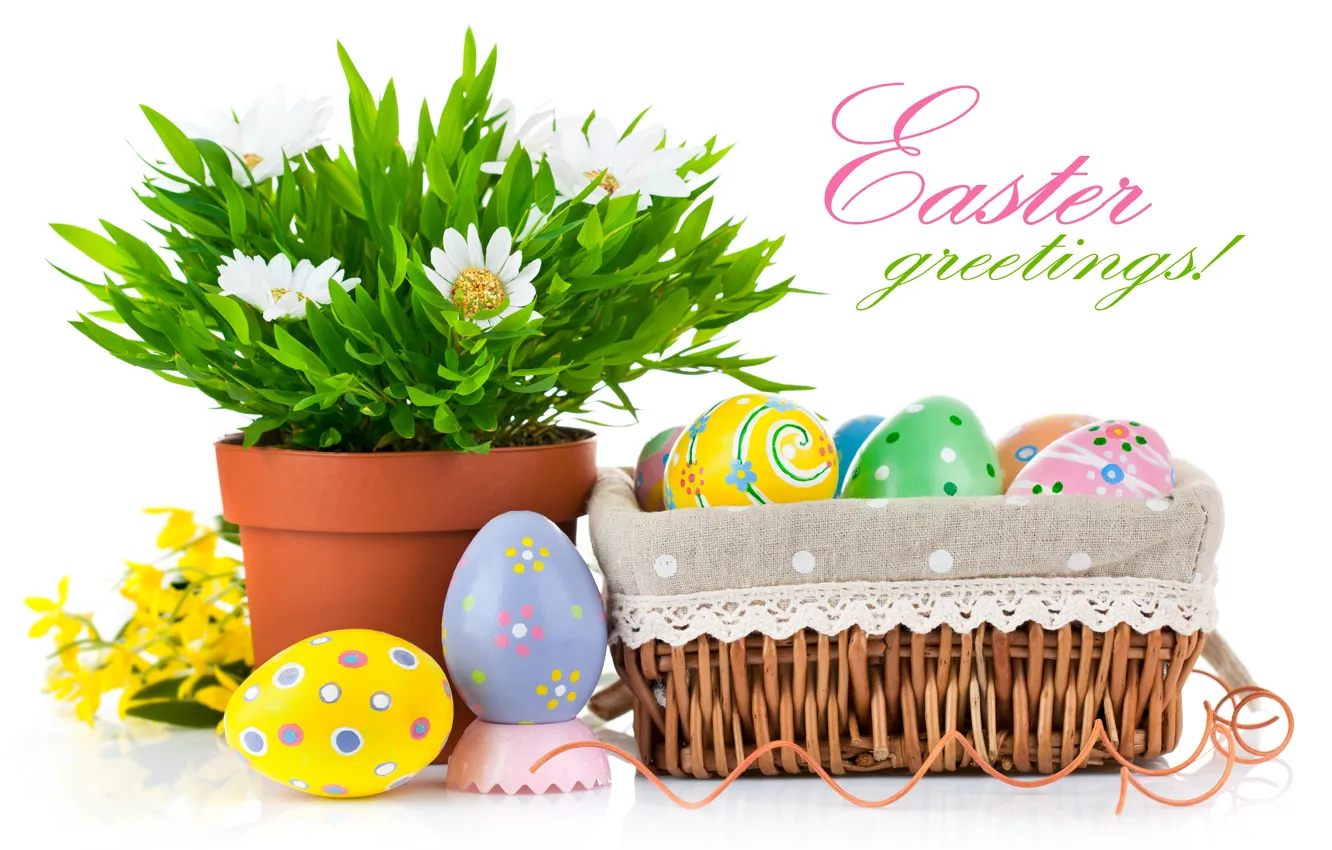 Photo wallpaper flower, holiday, basket, eggs, Easter, pots
