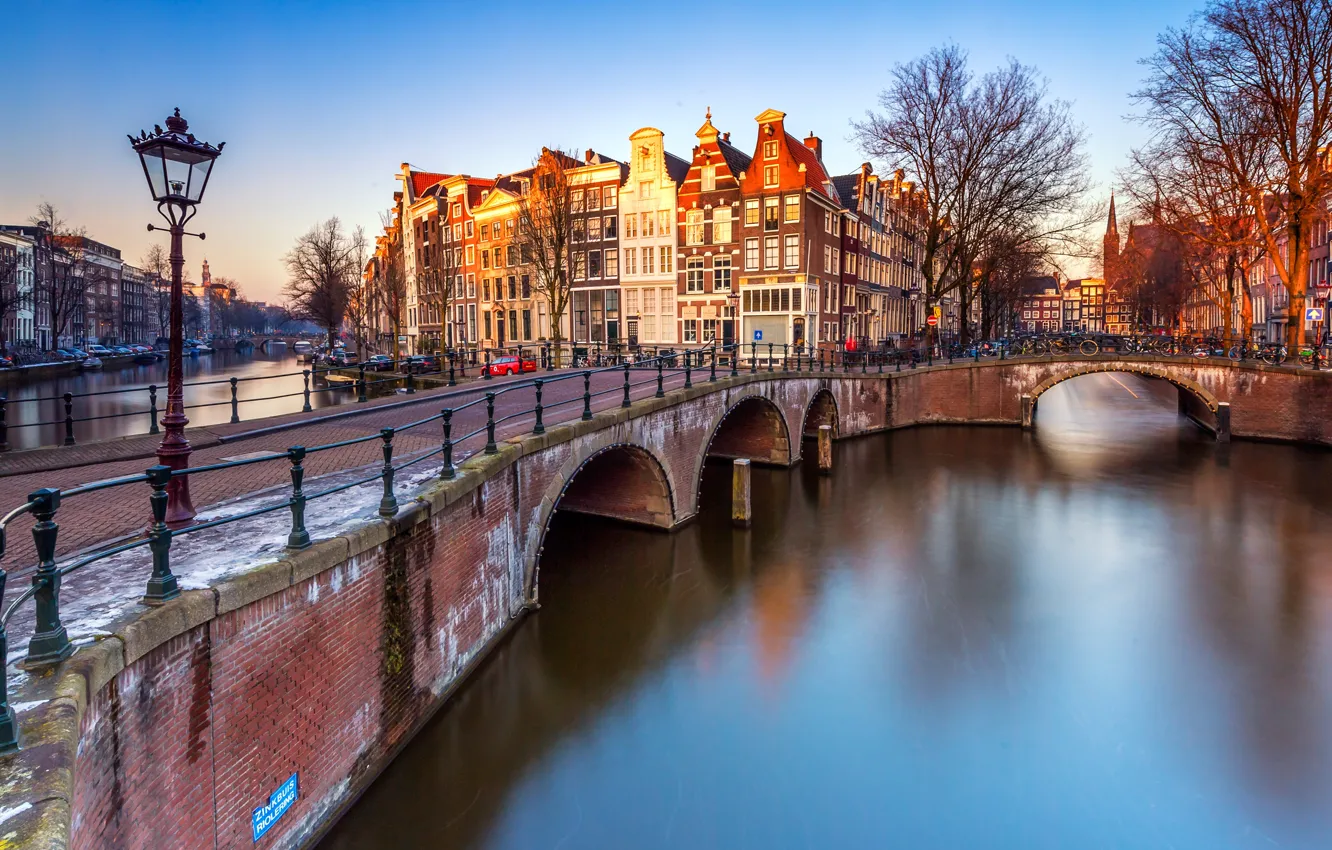 Photo wallpaper light, trees, landscape, bridge, river, street, people, view