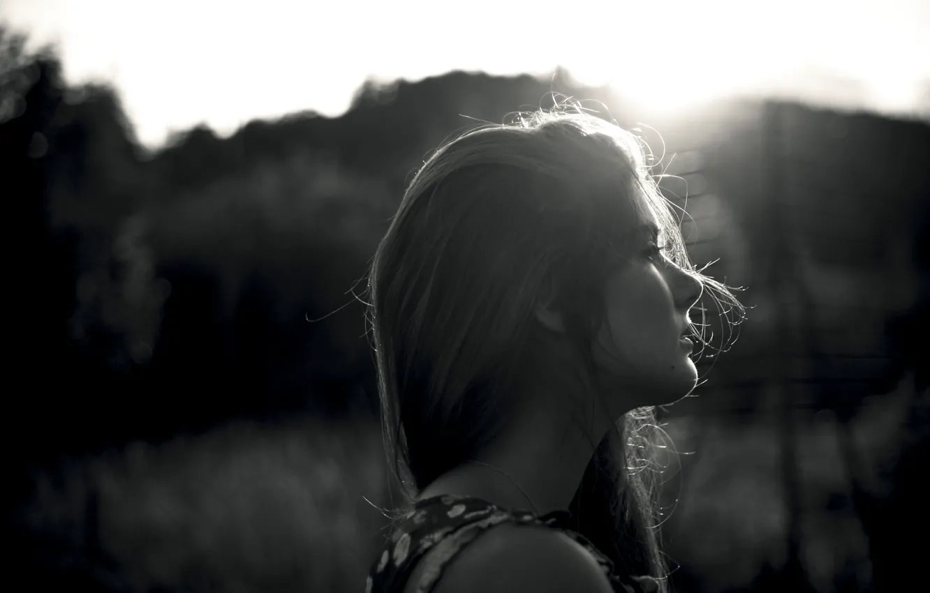 Photo wallpaper girl, hair, profile, black and white