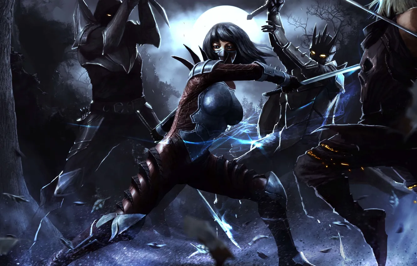 Photo wallpaper girl, night, weapons, fiction, the moon, battle, art, attack