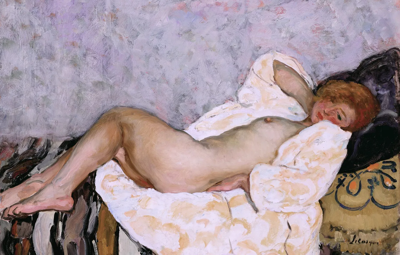 Photo wallpaper Girl, Picture, Bed, Naked, Henri Lebasque, Henri Lebacq, Reclining Nude, French artist
