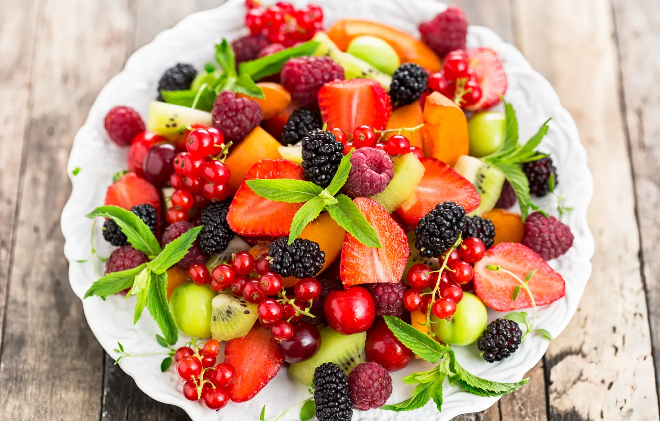 Photo wallpaper berries, raspberry, strawberry, fruit, currants, salad, dessert, fruit salad