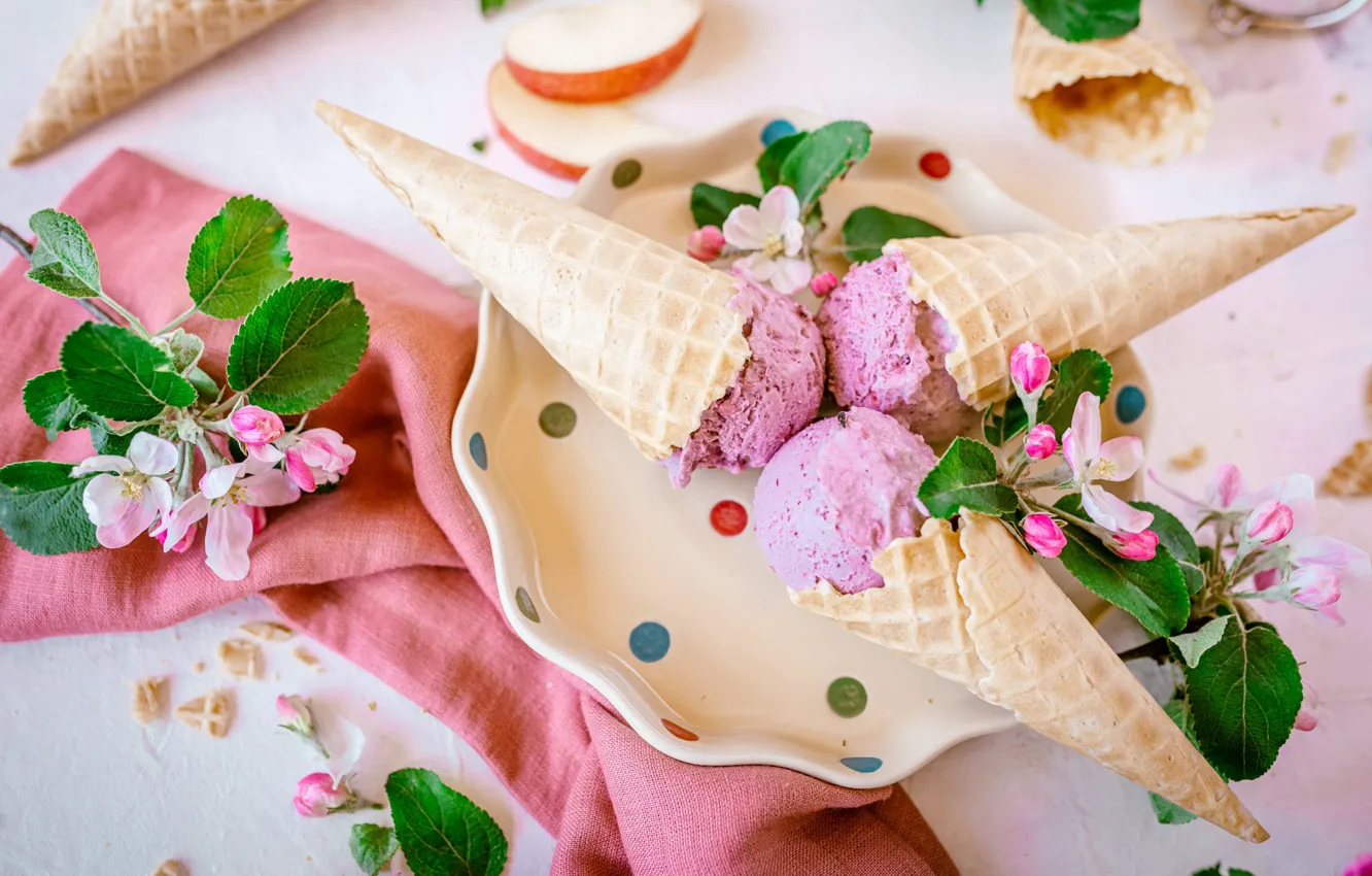 Photo wallpaper flowers, towel, plate, ice cream, horn, apple blossom