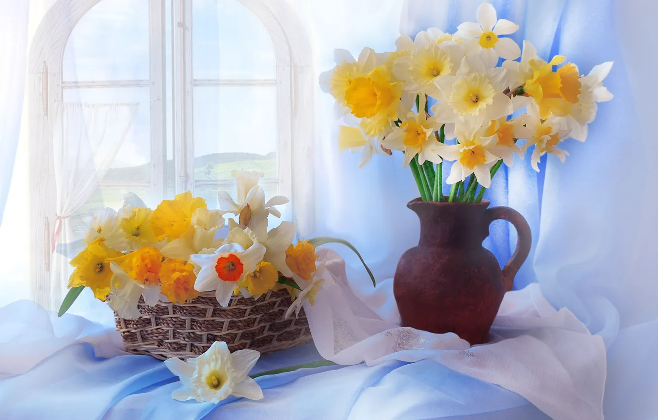 Photo wallpaper flowers, bouquet, vase, still life, daffodils