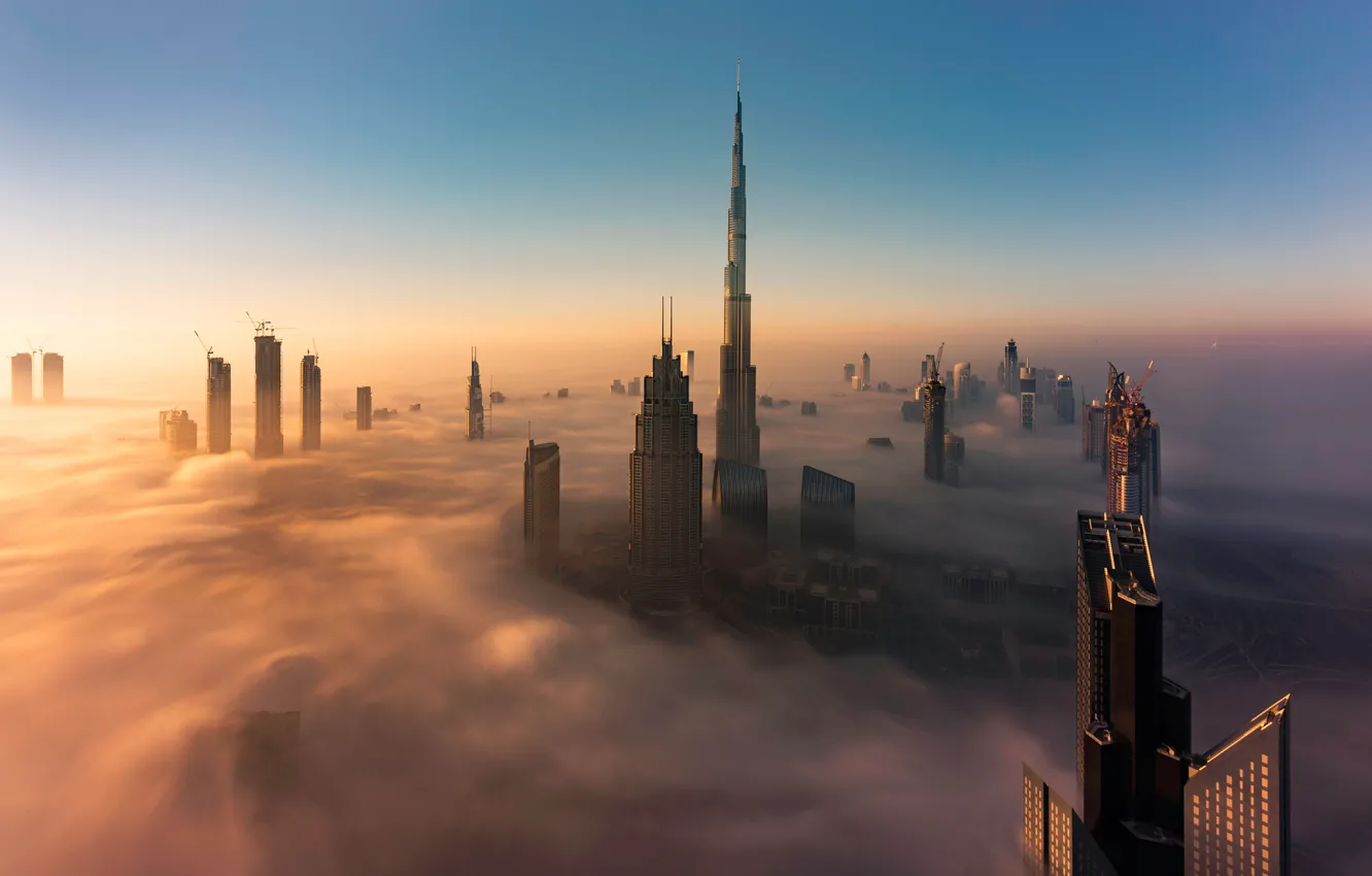 Photo wallpaper the sky, clouds, light, the city, fog, dawn, blue, view