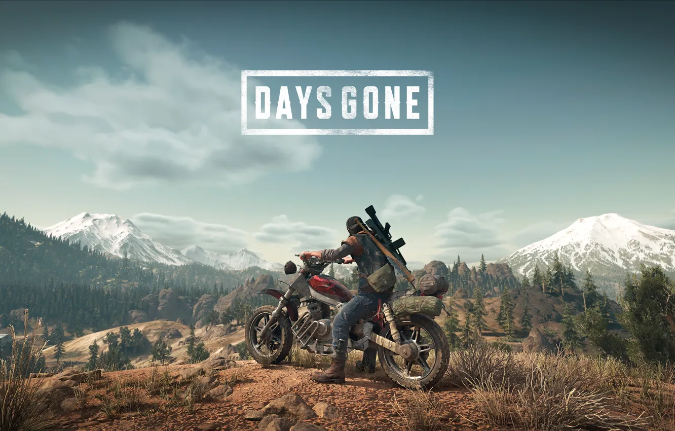 Photo wallpaper forest, the sky, mountains, nature, hero, Oregon, zombies, motorcycle