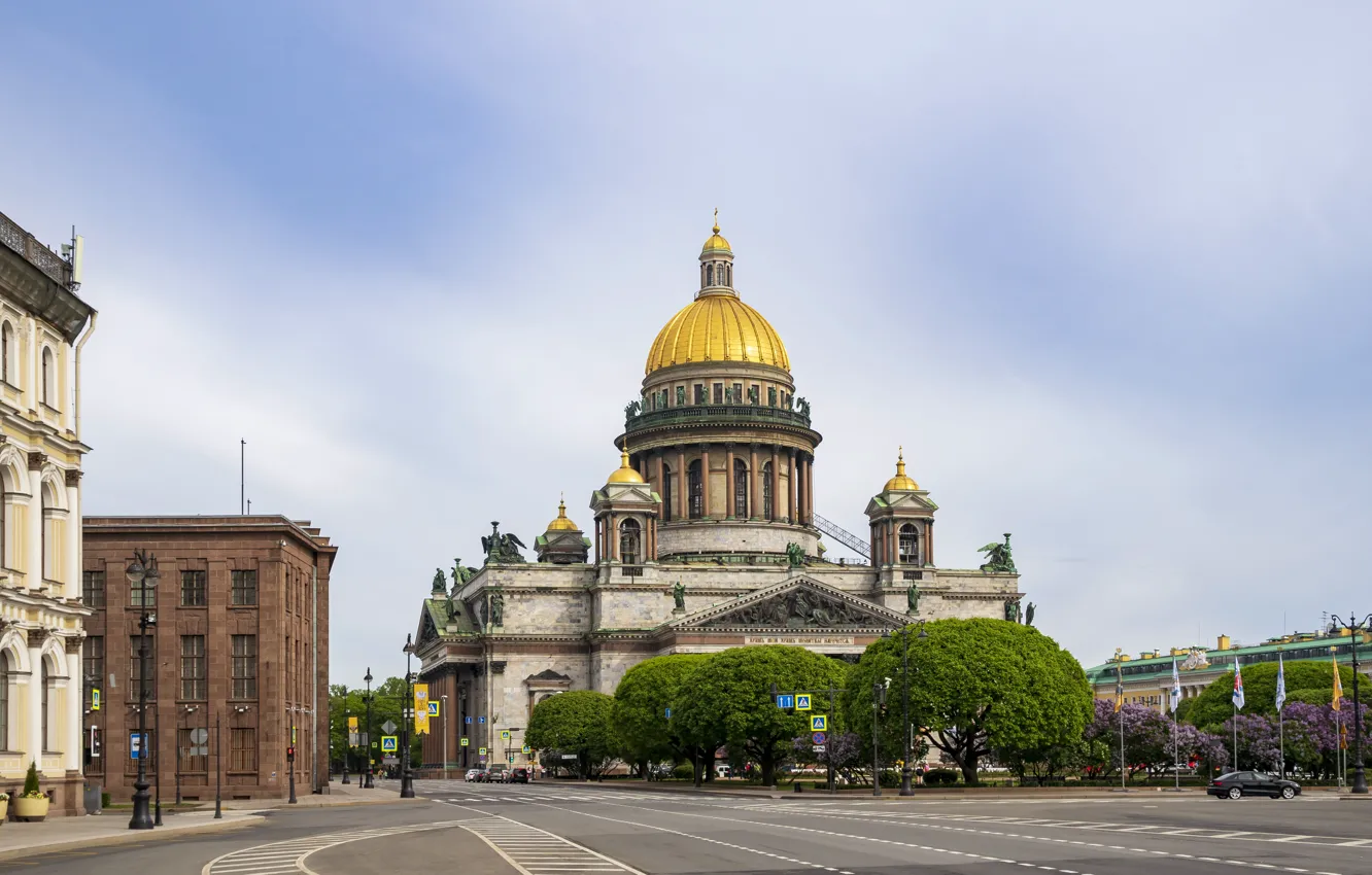 Photo wallpaper road, spring, Peter, Russia, St. Isaac's Cathedral