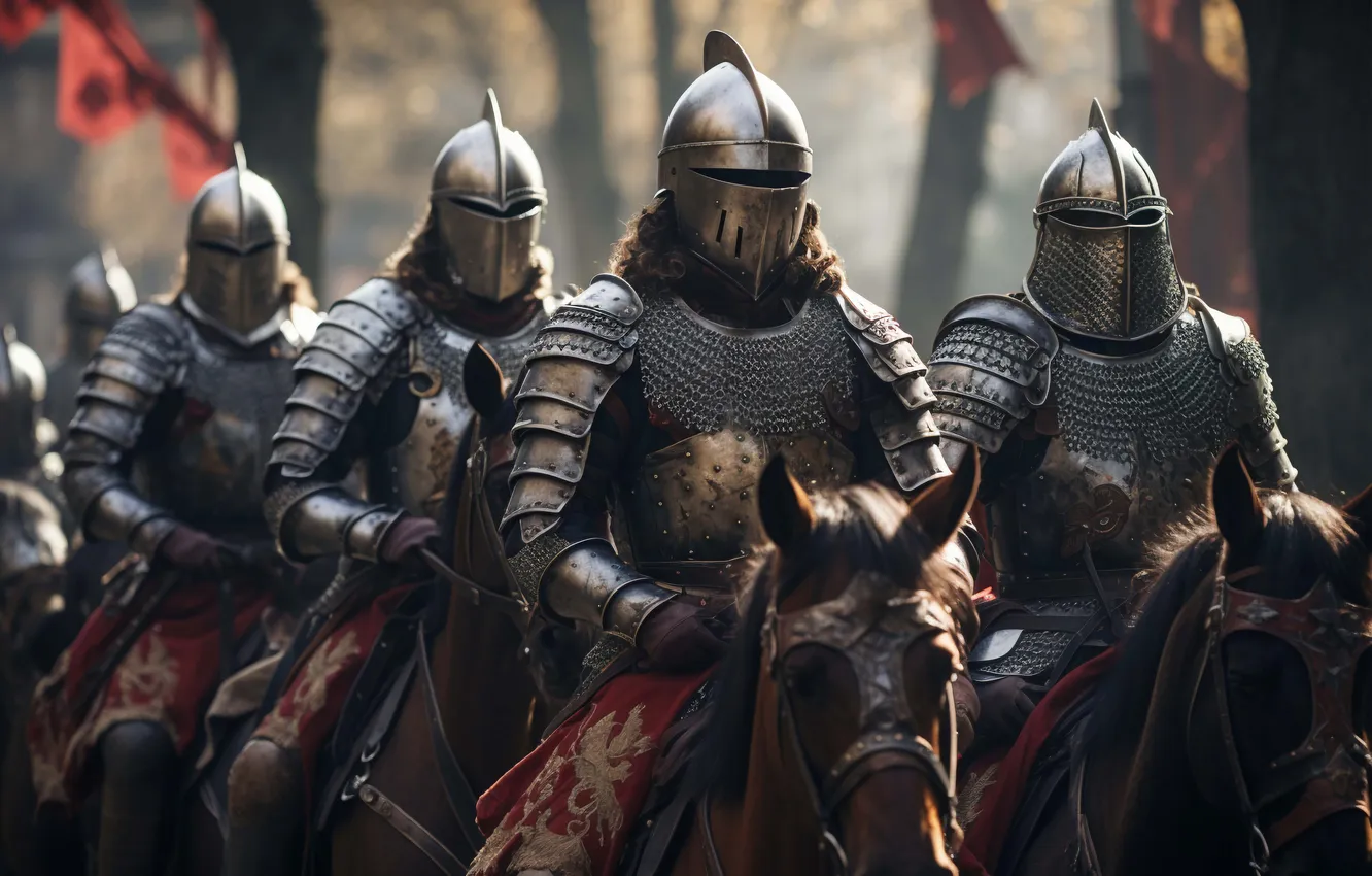 Photo wallpaper horse, armor, helmet, knight, the middle ages, digital art, AI art, The Art of Artificial …