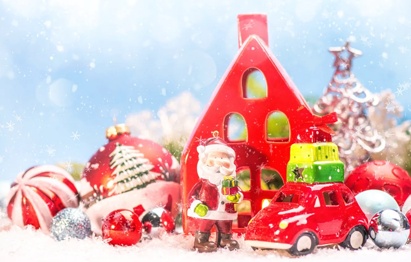 Photo wallpaper balls, snow, snowflakes, holiday, toys, Christmas, gifts, New year