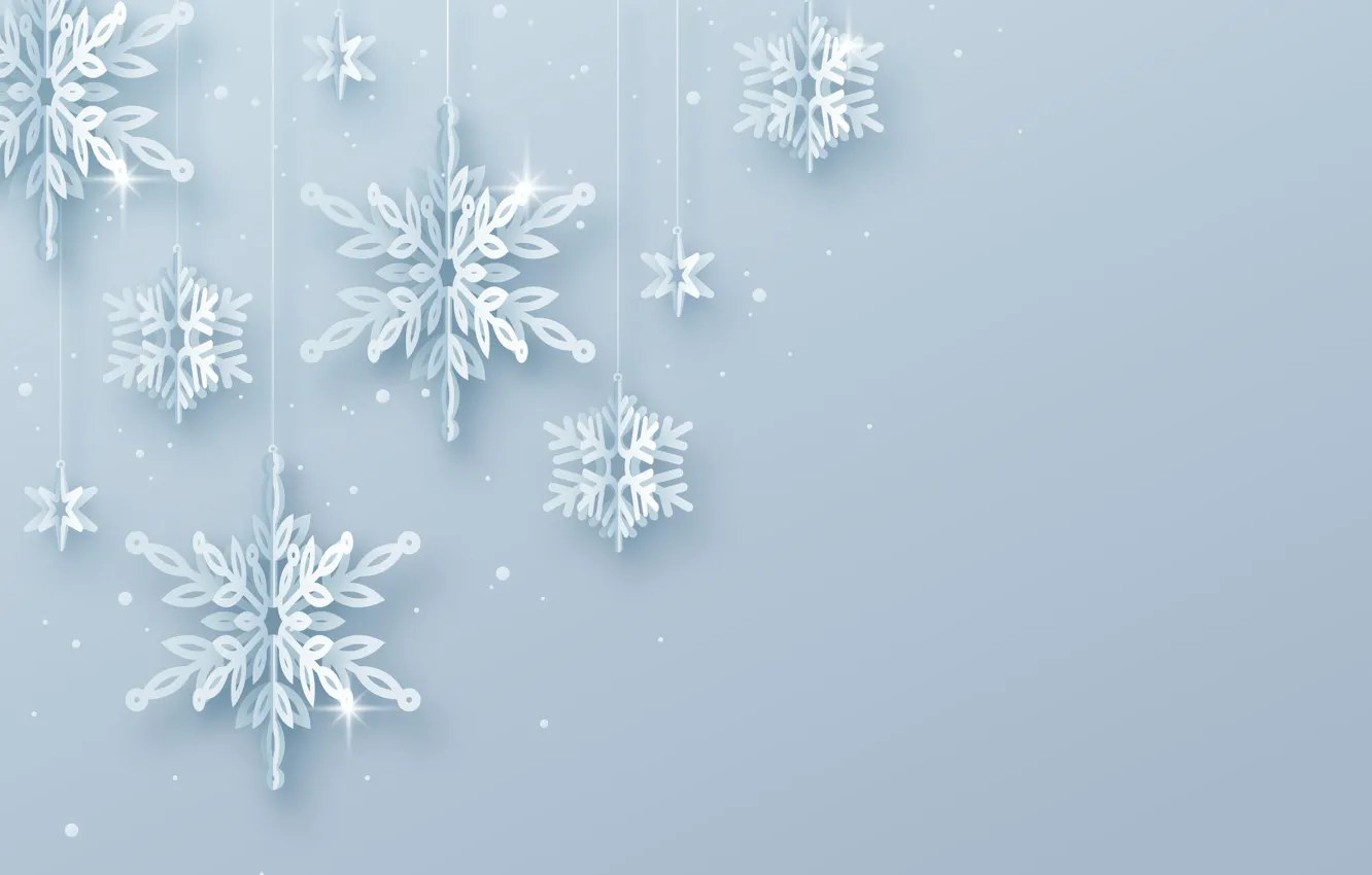 Photo wallpaper snowflakes, texture, white, grey background, thread, blue background, hanging, Christmas decorations