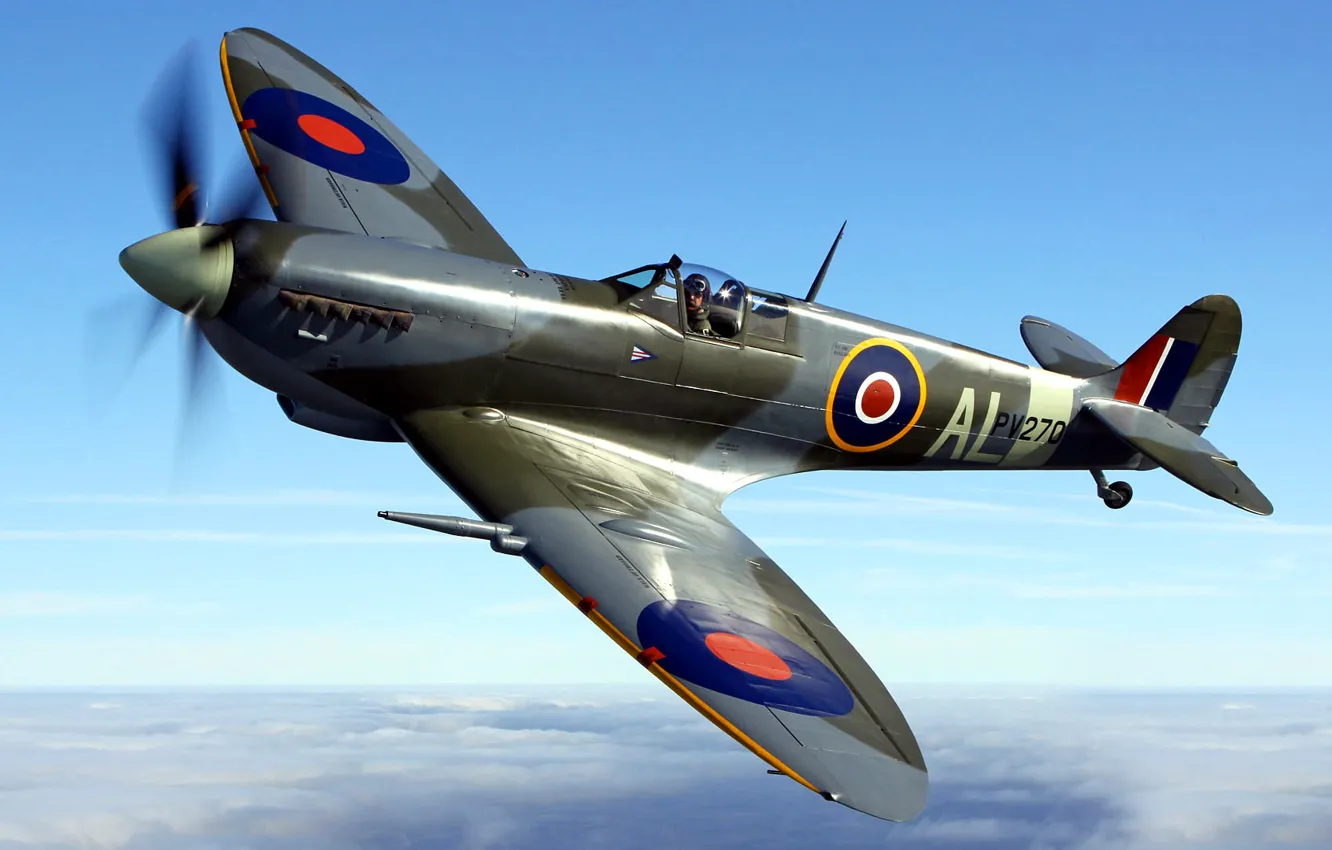 Photo wallpaper the sky, flight, the plane, fighter, propeller, Spitfire, scout, interceptor