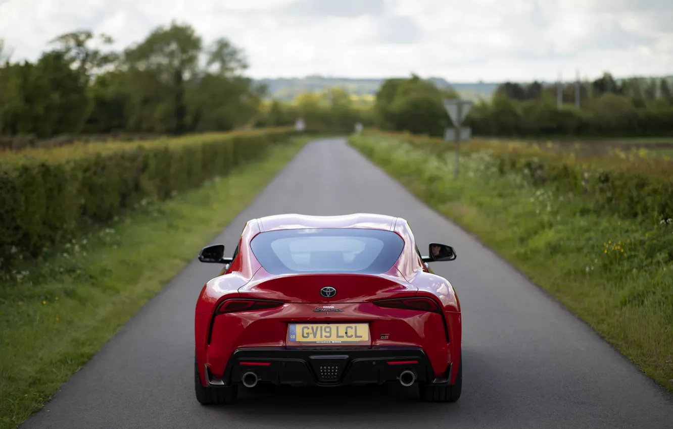 Photo wallpaper road, red, vegetation, coupe, back, Toyota, Supra, the fifth generation
