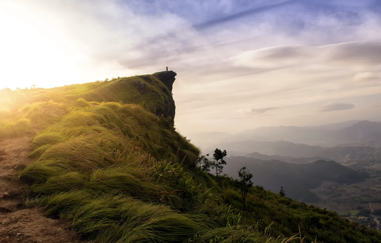 Photo wallpaper mountains, people, morning