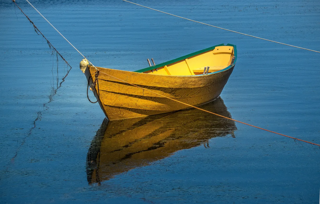 Photo wallpaper water, lake, reflection, boat, ropes