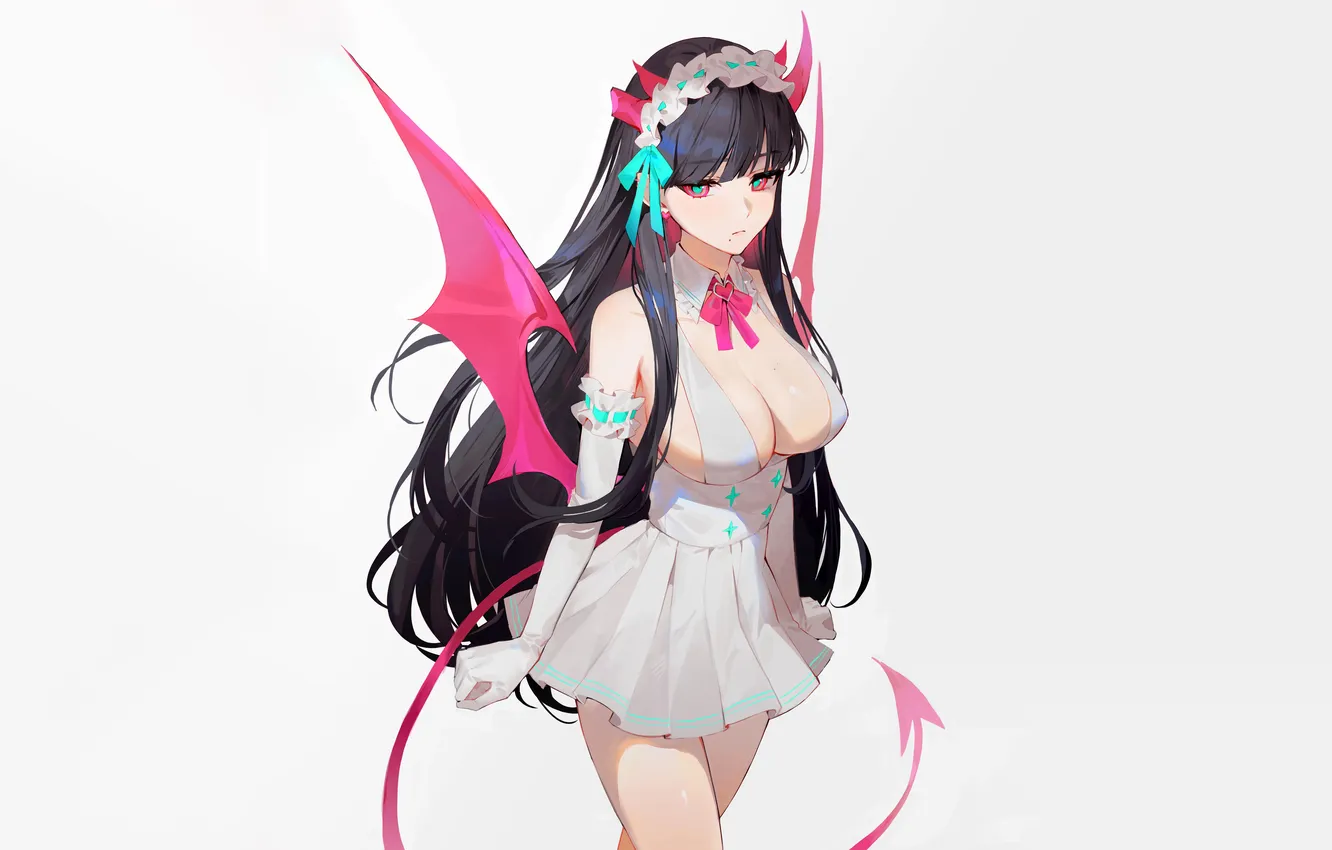 Photo wallpaper girl, sexy, cleavage, horns, long hair, dress, boobs, anime