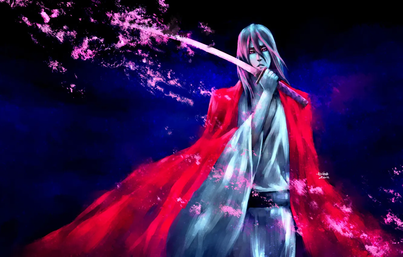 Photo wallpaper background, sword, katana, art, guy, cloak, Bleach, Kuchiki Byakuya
