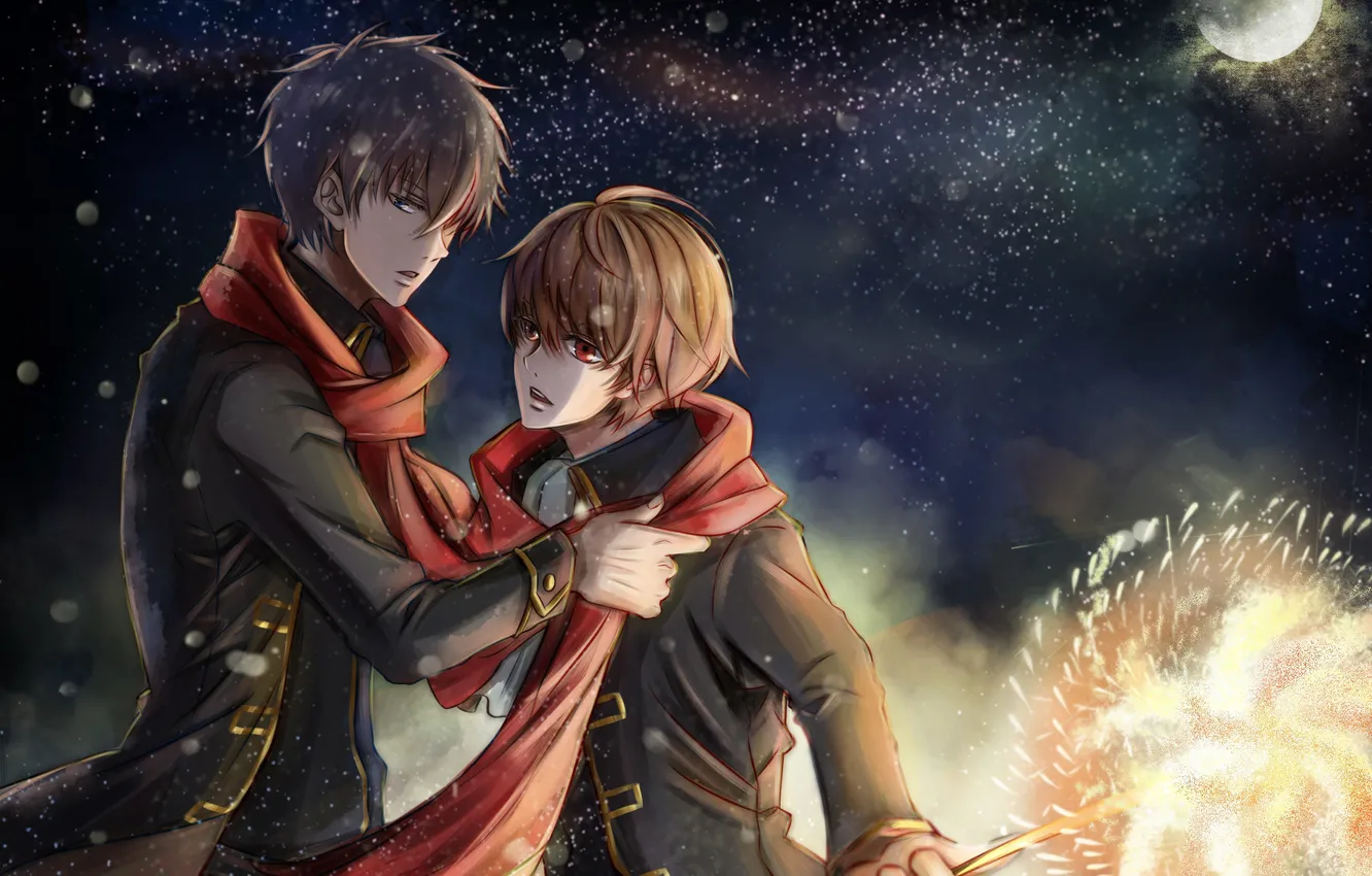 Photo wallpaper winter, look, snow, hugs, fireworks, guy, gintama, hijikata toshiro