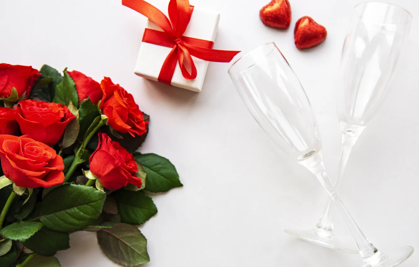Photo wallpaper gift, roses, glasses, hearts, Valentine's day, Olena Rudo