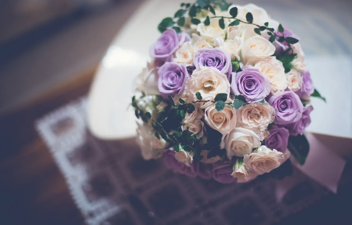 Photo wallpaper flowers, roses, bouquet, purple, white, lilac, wedding