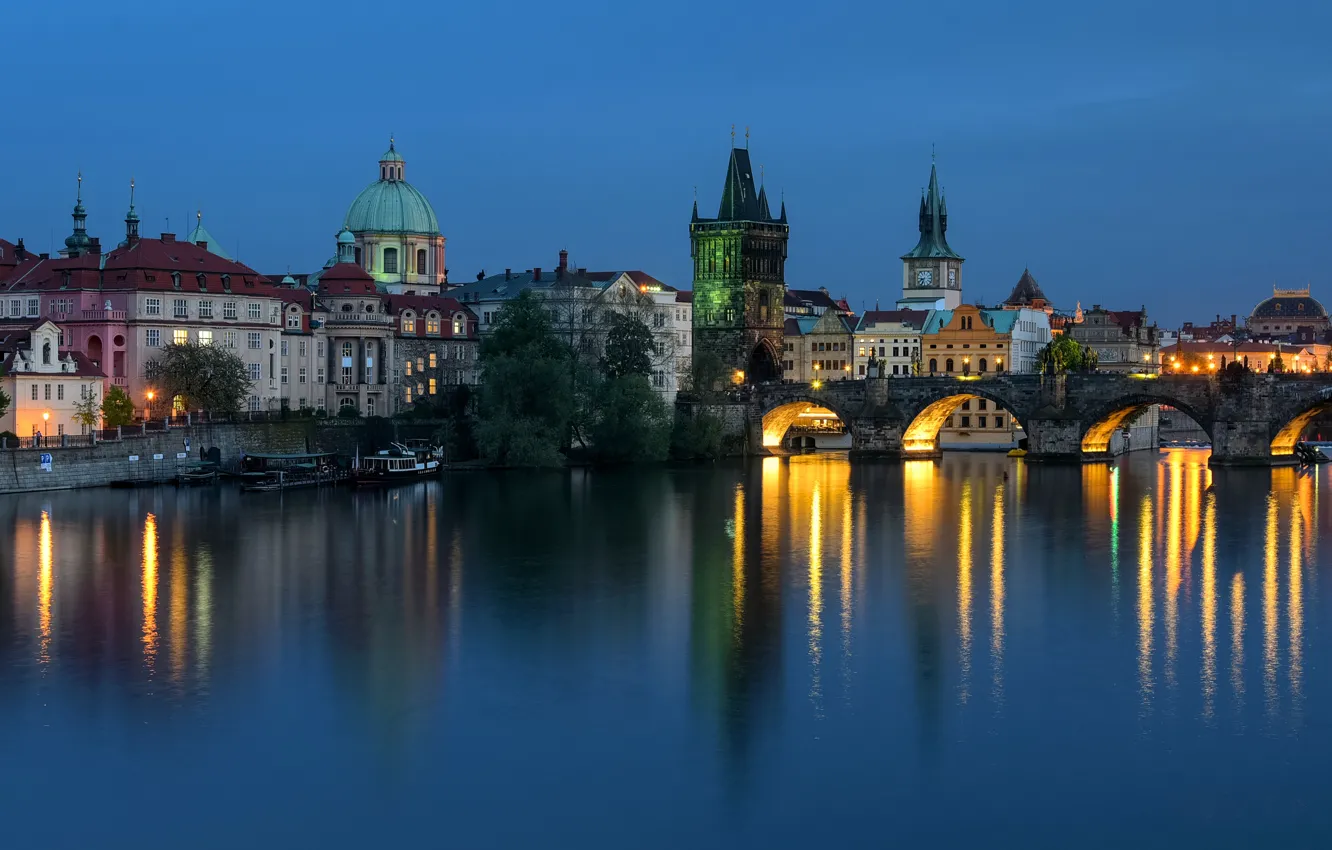 Photo wallpaper lights, the evening, Prague, Czech Republic