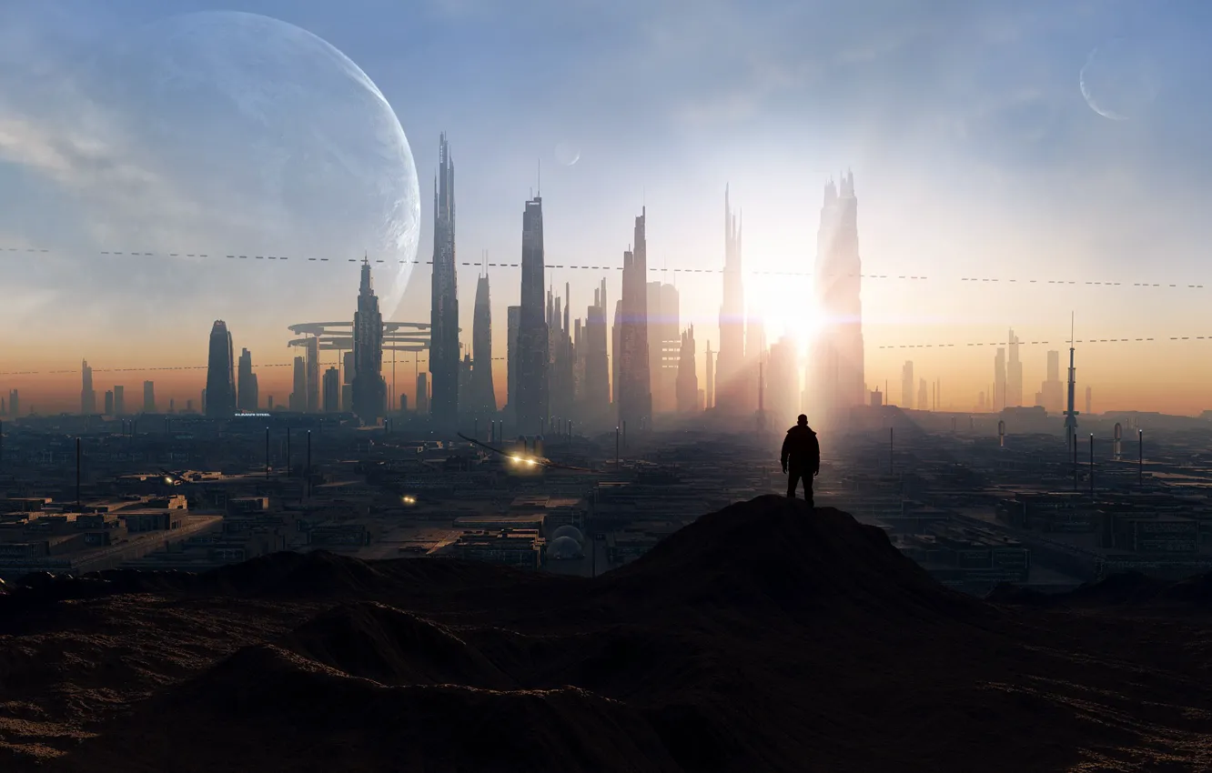 Photo wallpaper the sun, light, landscape, the city, fiction, people, planet, skyscrapers