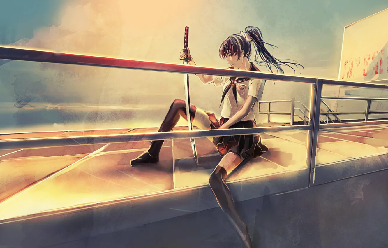 Photo wallpaper girl, katana, schoolgirl