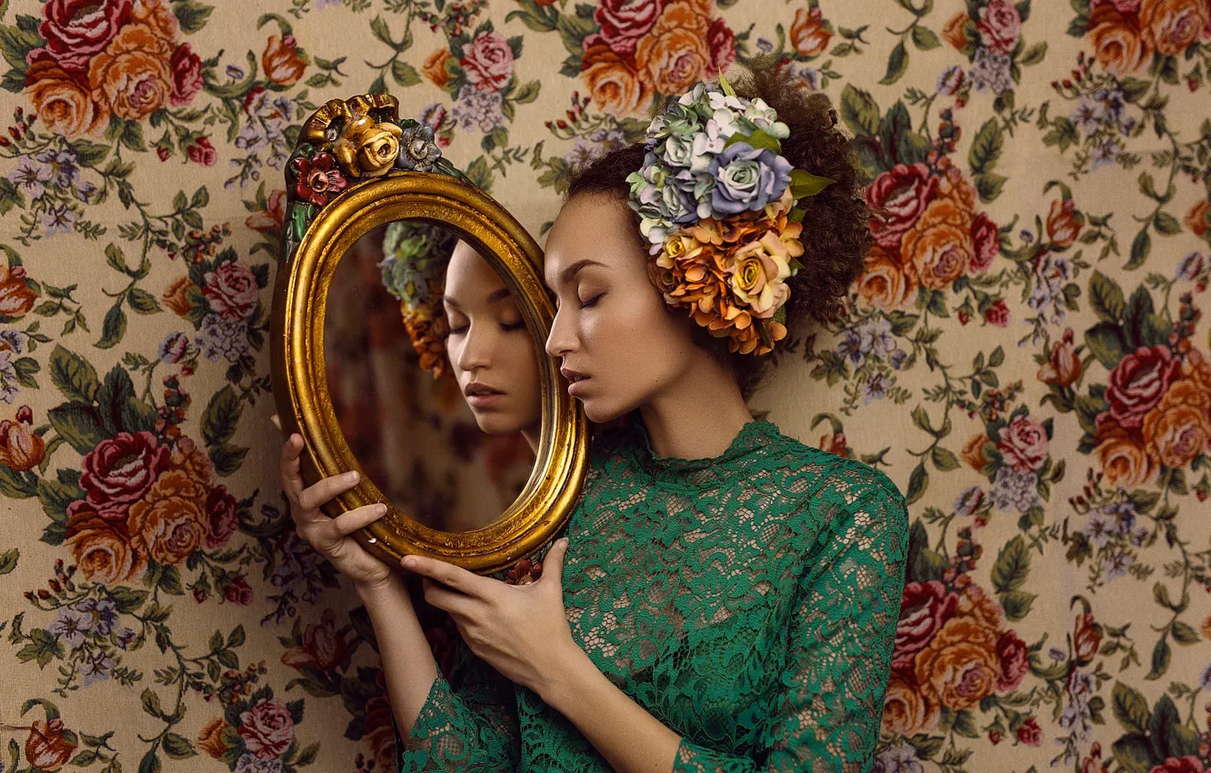 Photo wallpaper girl, flowers, face, style, reflection, mood, mirror, lace