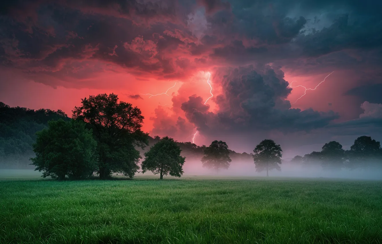 Photo wallpaper neural network, the storm, clouds, field, AI art, fog, forest