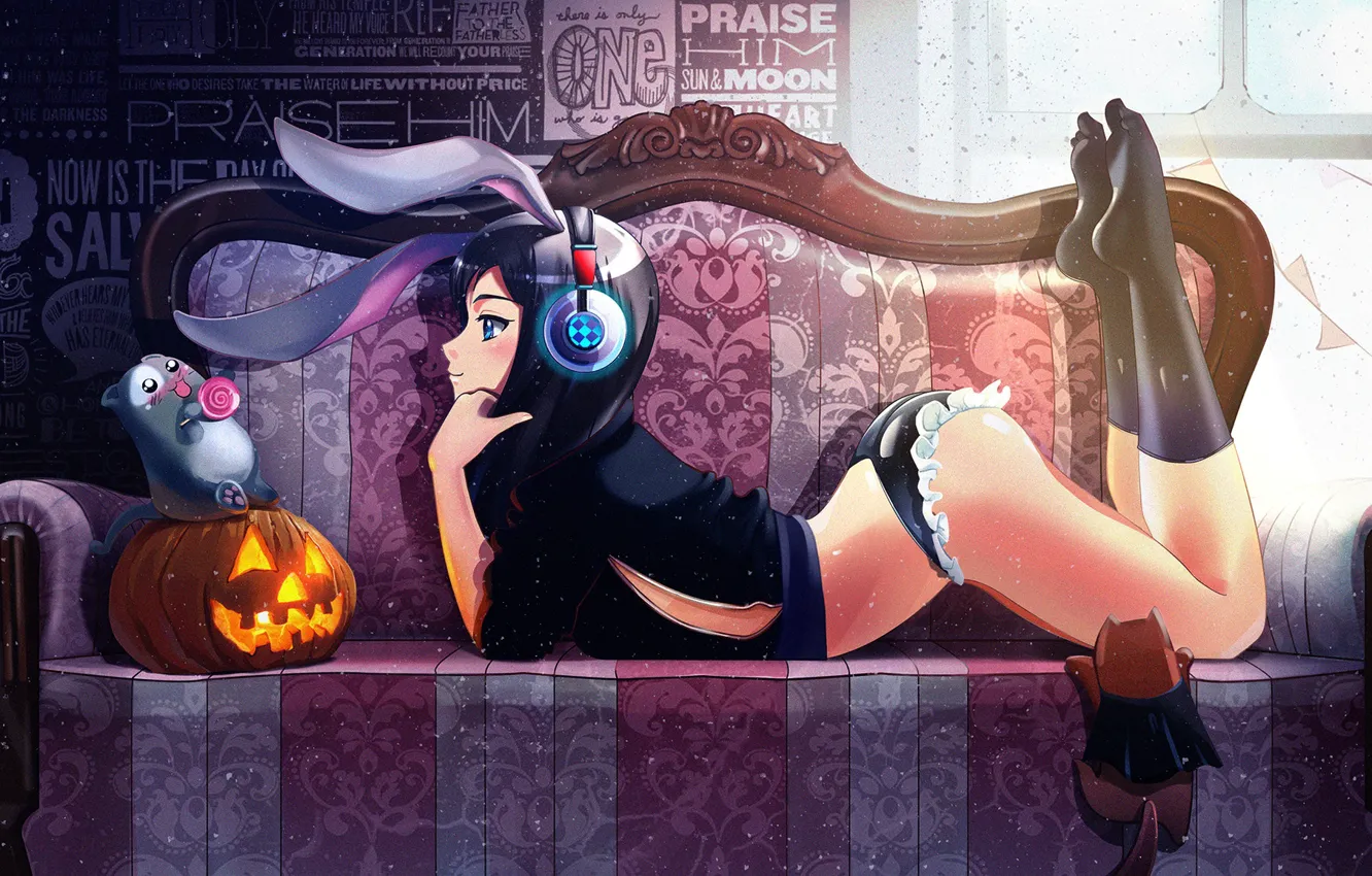 Photo wallpaper girl, music, room, anime, headphones, art, Halloween, pumpkin