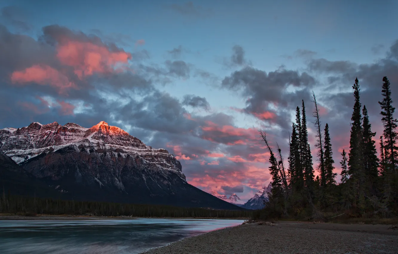 Photo wallpaper forest, clouds, mountains, lake, shore, tops, the evening, ate