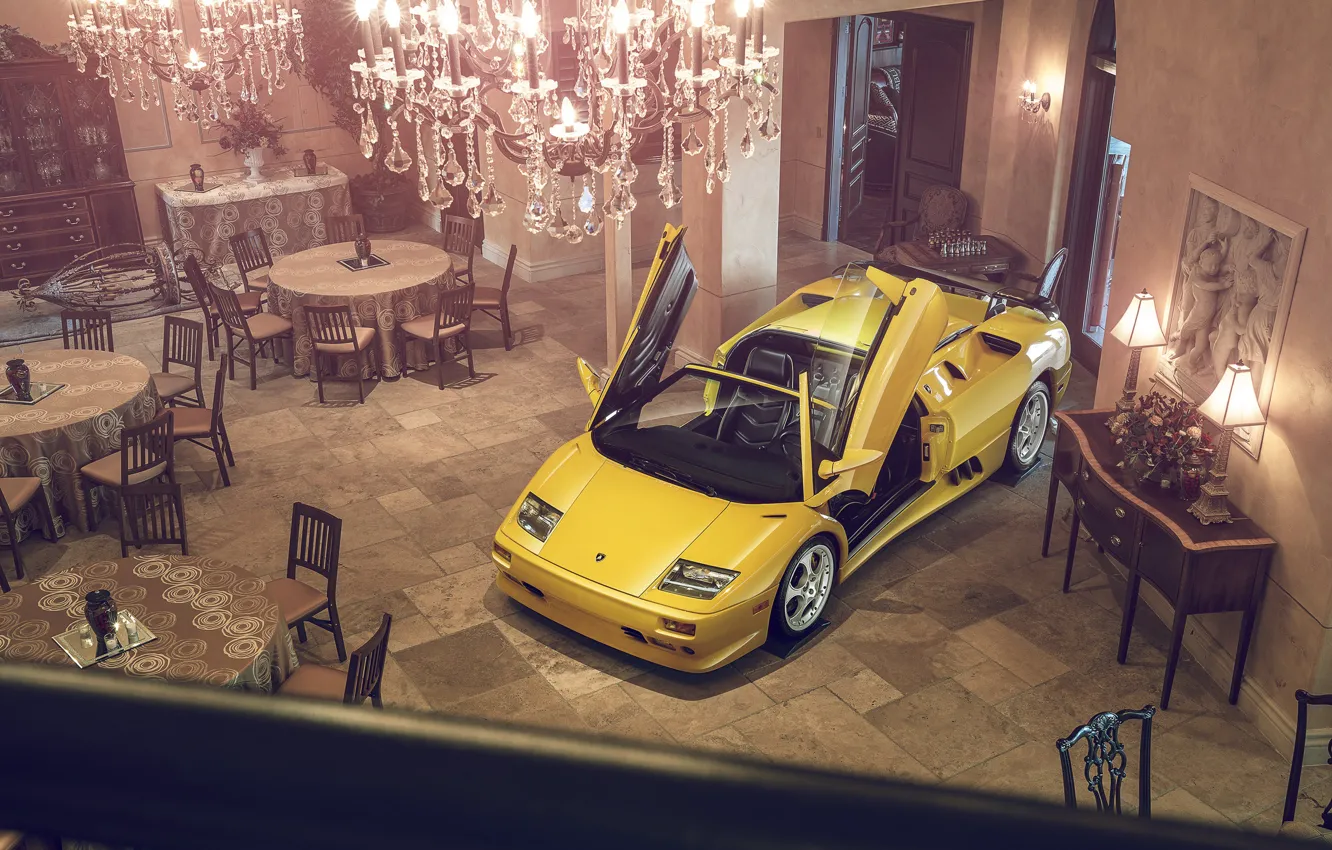 Photo wallpaper Lamborghini, Yellow, Diablo, Supercar, Doors
