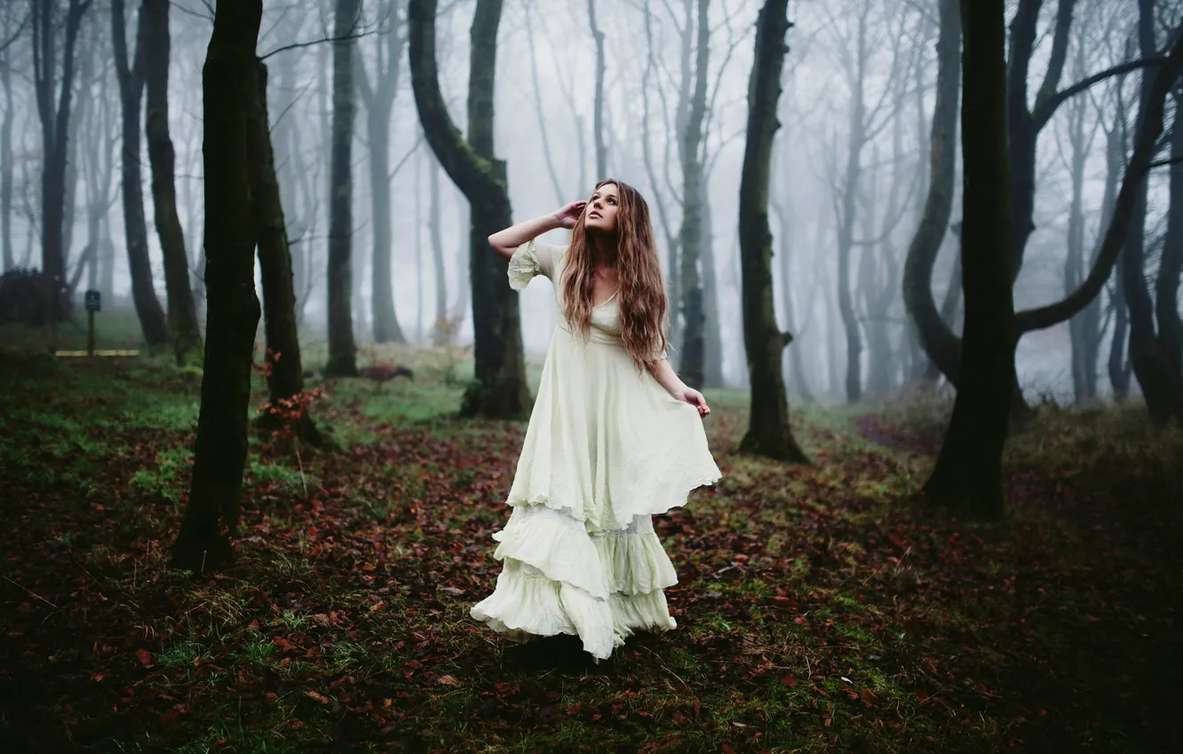 Photo wallpaper forest, girl, fog, morning, dress