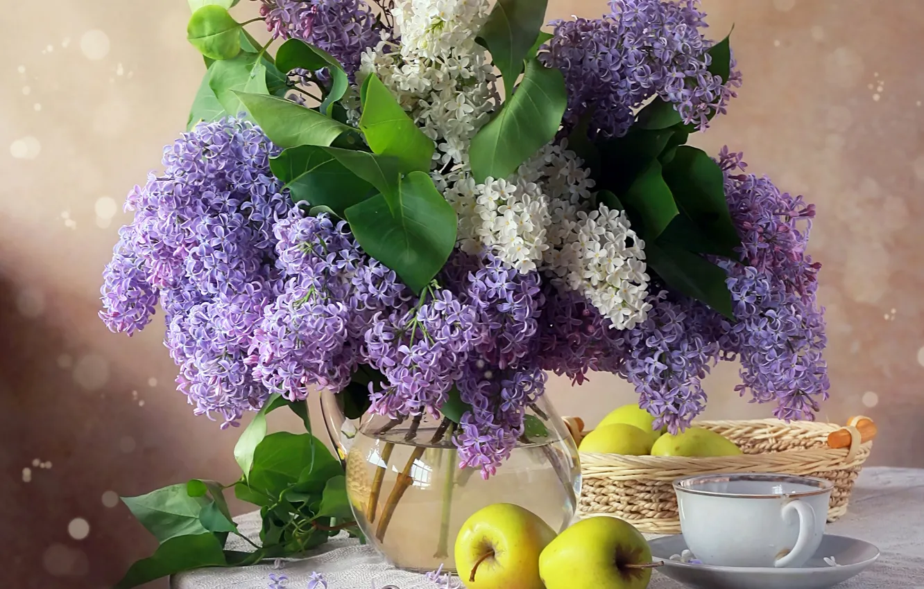 Photo wallpaper flowers, photo, apples, Cup, still life, lilac