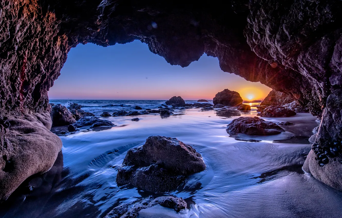 Photo wallpaper wave, beach, the sun, sunset, stones, the ocean, rocks, shore